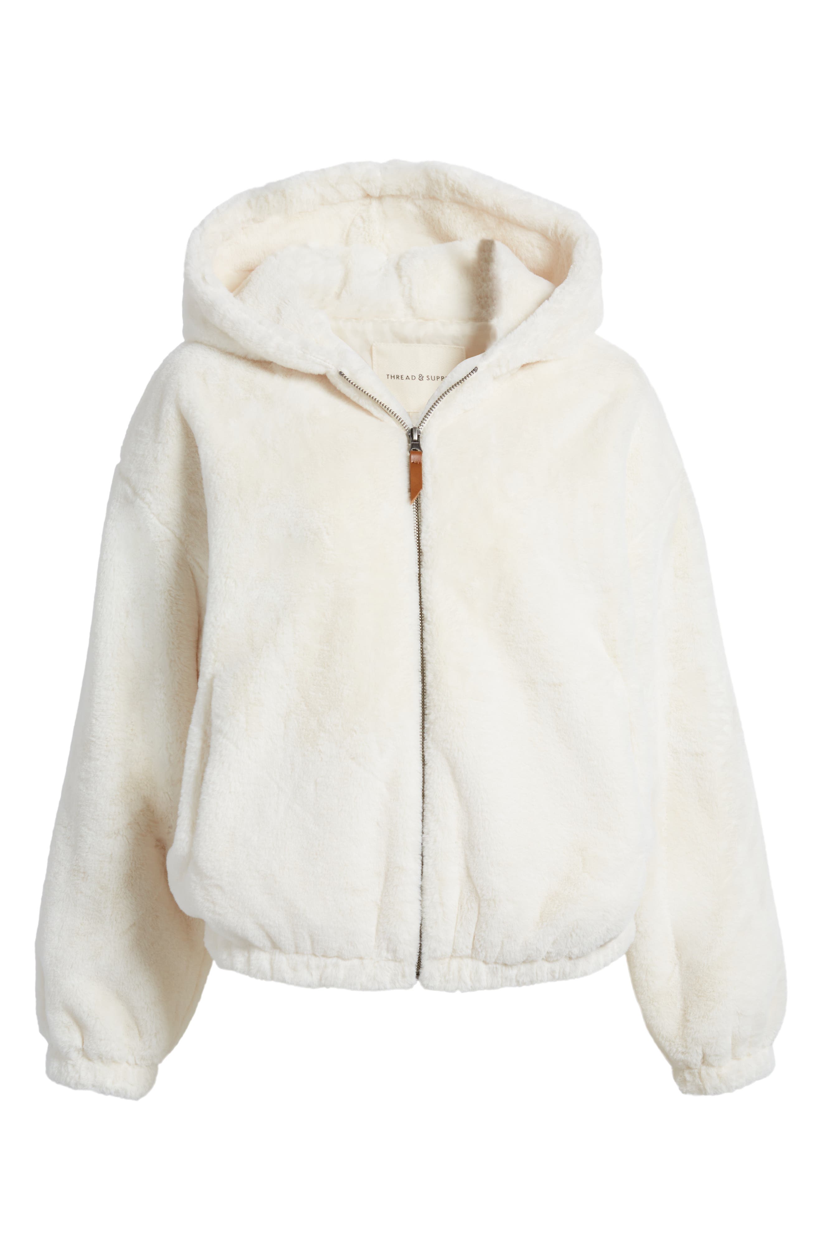 Thread & Supply Faux Fur Zip-Up Hooded Jacket in Marshmallow