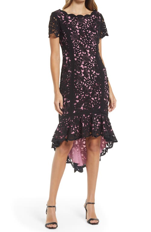 Laser Cut Floral High-Low Cocktail Dress in Black/Pink