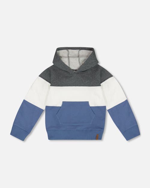 Shop Deux Par Deux Boy's Colorblock Hooded Fleece Sweatshirt Gray, White And Blue In Moonlight Blue