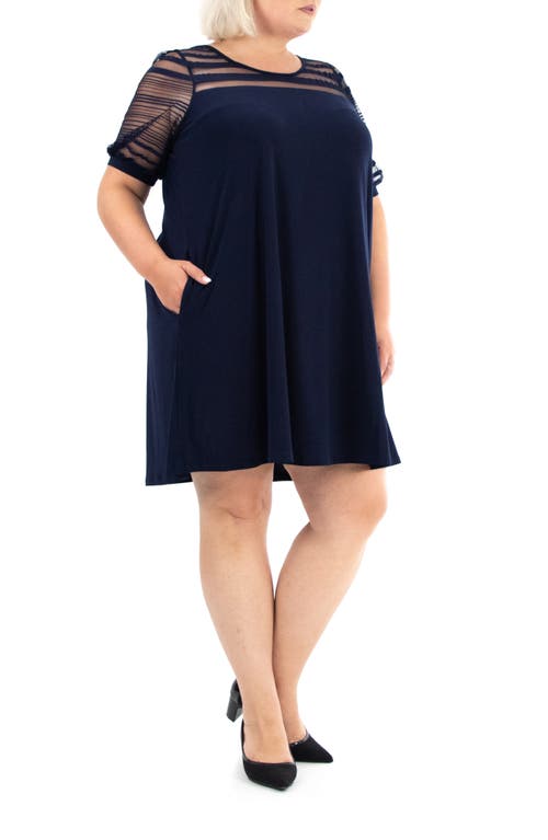 Nina Leonard Mesh Inset Trapeze Dress In Navy