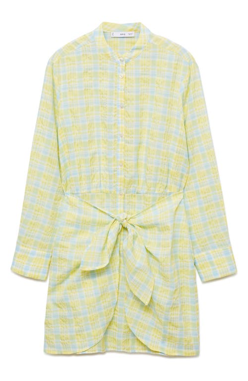 Shop Mango Check Tie Front Long Sleeve Shirtdress In Pastel Yellow