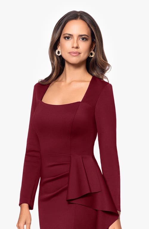 Shop Xscape Evenings Side Ruffle Long Sleeve Scuba Gown In Wine