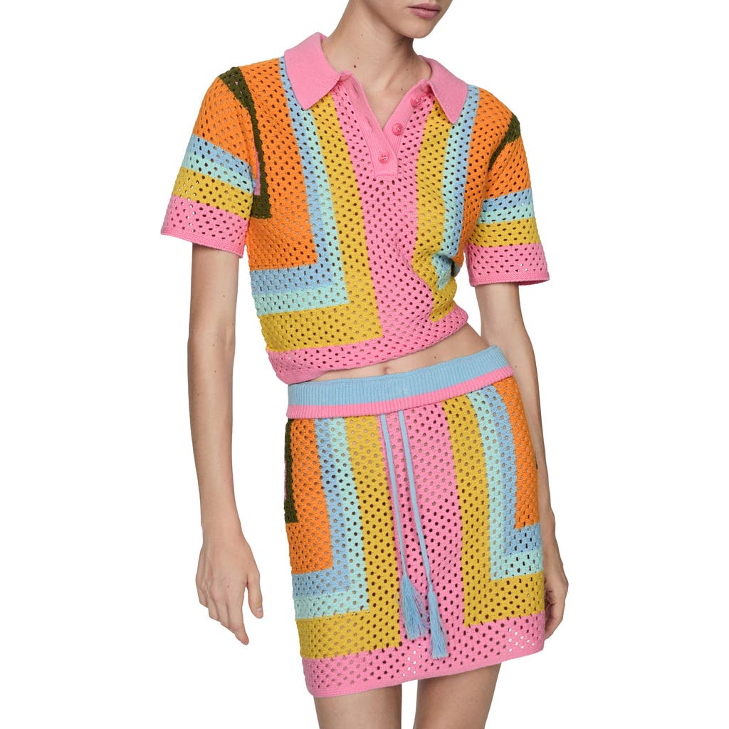 Mango Babylon Colorblock Open Stitch Cotton Polo Sweater In Pink