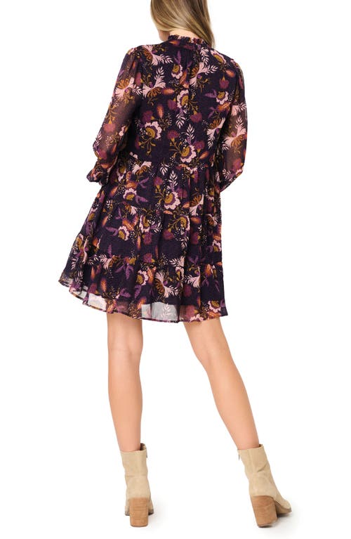 Gibsonlook Floral Long Sleeve Chiffon Babydoll Dress In Botanical Eggplant