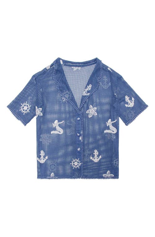 Axel Kai Crochet Trim Sheer Cotton Cover-Up Button-Up Shirt in Blue Nautical