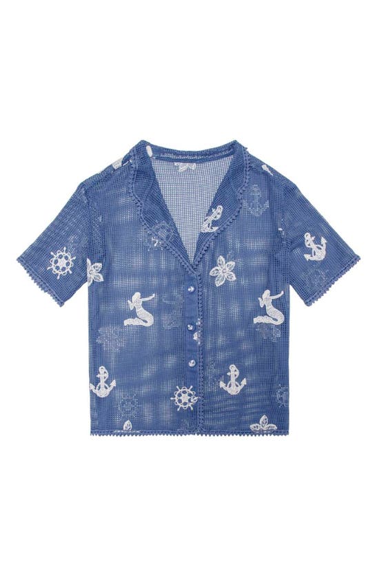 Shop Agua Bendita Axel Kai Crochet Trim Sheer Cotton Cover-up Button-up Shirt In Blue Nautical