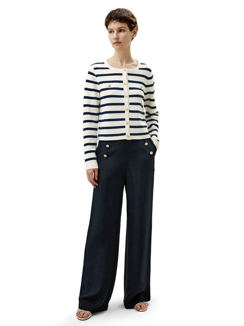 Shop Lilysilk Gariana Striped Wool Cardigan In Navy