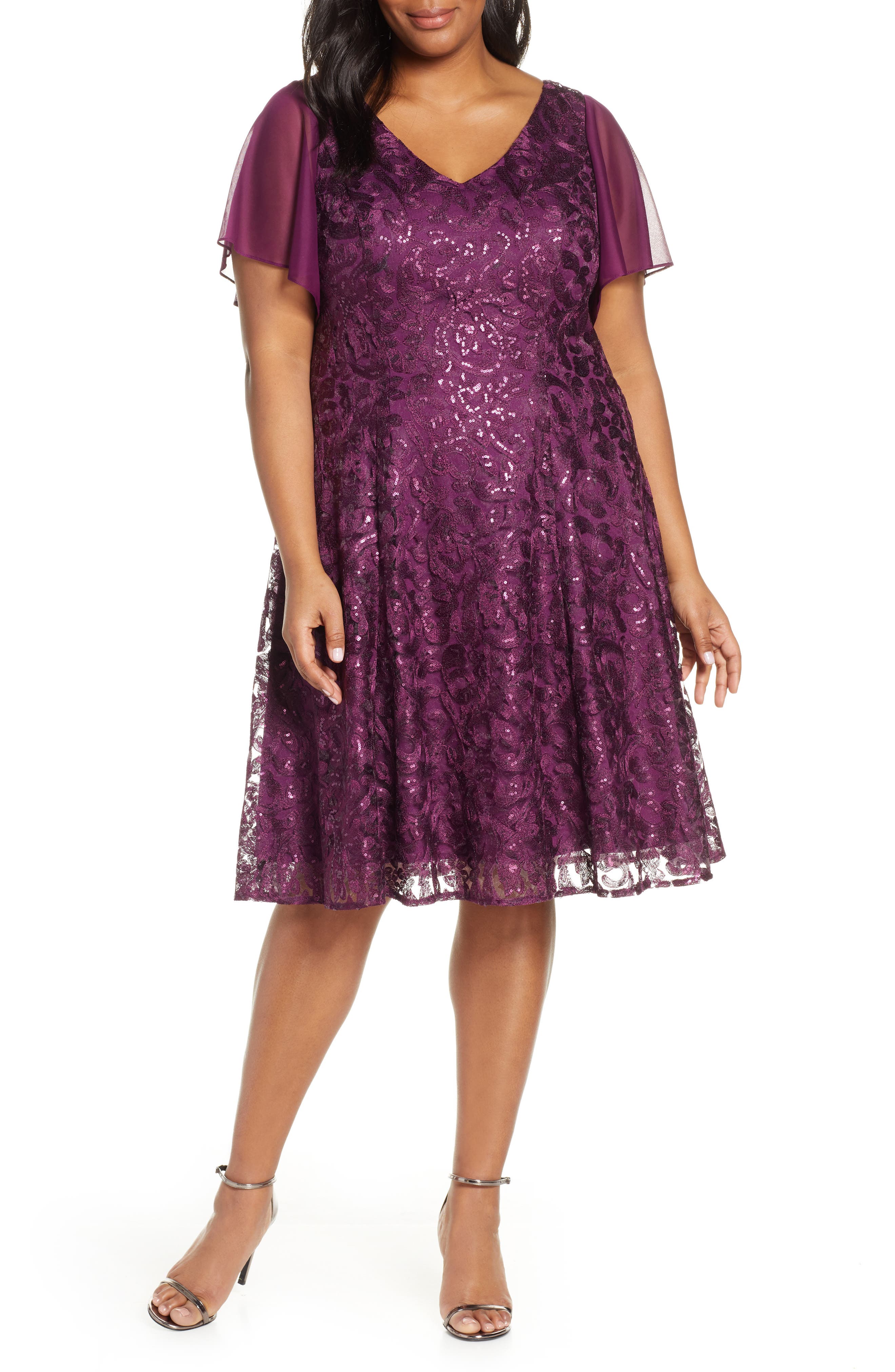Plus Size Alex Evenings Flutter Sleeve Sequin Lace A-Lined Dress, Purple