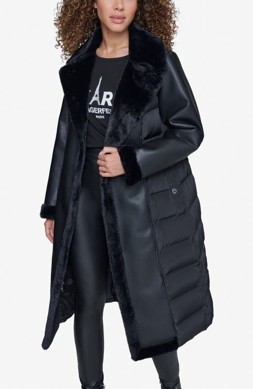 Karl Lagerfeld Paris Faux Fur Trim Quilted Coat In Black