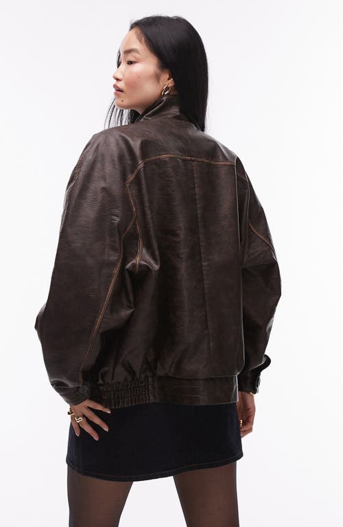 Shop Topshop Oversize Faux Leather Bomber Jacket In Brown