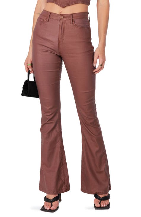 Ladies Faux Leather Flared Pants Trousers Bell-bottoms Shiny PU Retro  Casual Red