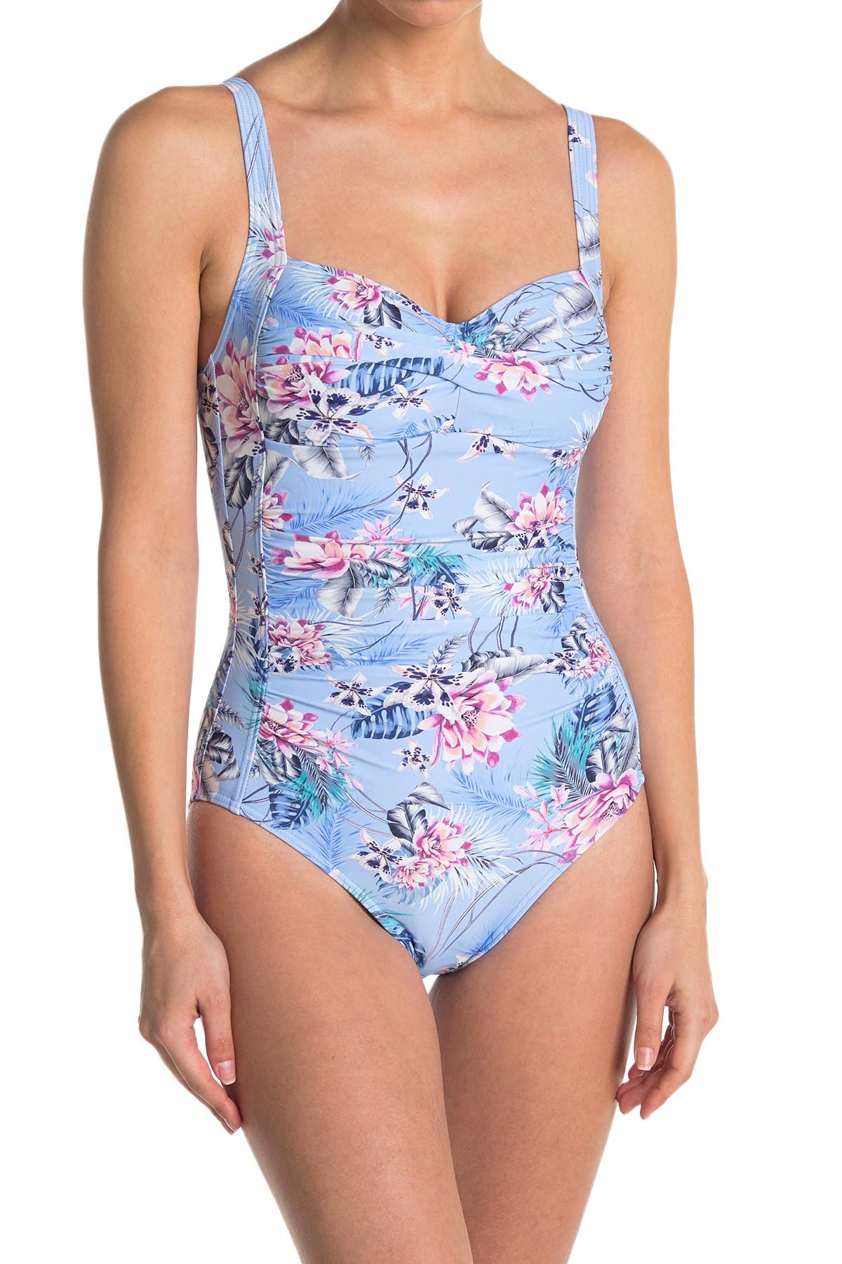 Sea Level Twist Front Floral Print One-piece Swimsuit In Sky Blue