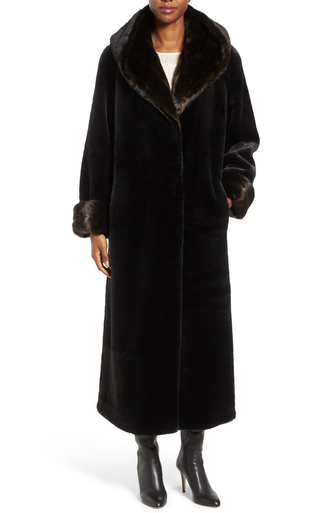 full length faux fur coat with hood