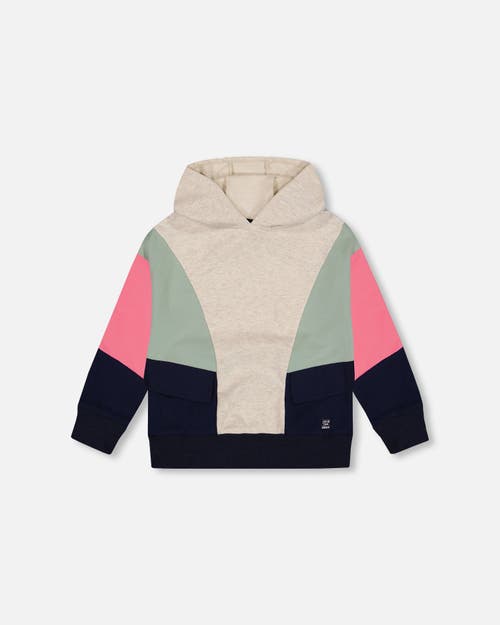 Shop Deux Par Deux Girl's Hooded Sweatshirt Colorblock Beige, Navy And Pink In Multicolor