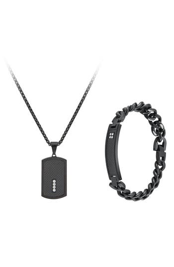 American Exchange Stainless Steel Diamond Dog Tag Necklace & Bracelet 2-piece Set In Black