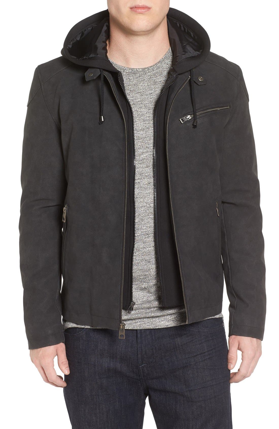 Black Rivet Faux Leather Jacket with Hooded Bib Nordstrom