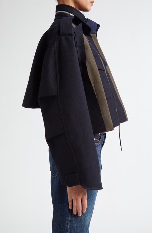 Shop Sacai Pinstripe Melton Wool Crop Military Jacket In Dark Khaki/navy