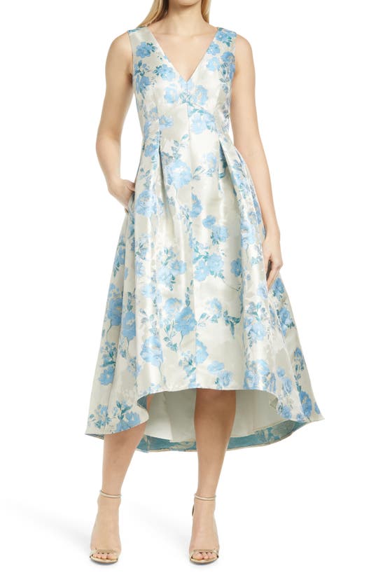 Shop Eliza J Metallic Floral Print High-low Cocktail Dress In Blue