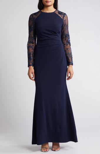 Eliza J Embroidered Long Sleeve Stretch Gown with Removable Skirt Overlay Nordstrom