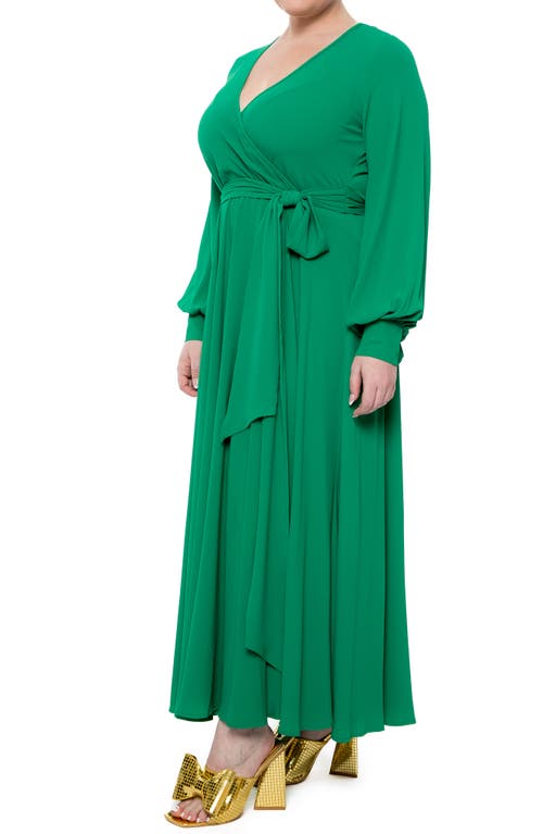 Meghan La Long Sleeve Solid Wrap Maxi Dress In Emerald