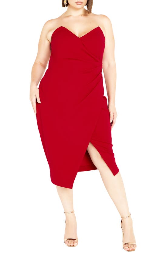 City Chic Luisa Strapless Side Pleat Midi Dress In Love Red