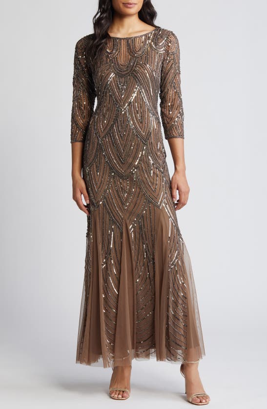 Shop Pisarro Nights Beaded Illusion Neck Gown In Mocha