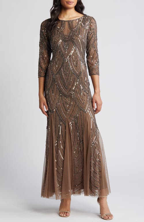 Beaded Illusion Neck Gown in Mocha