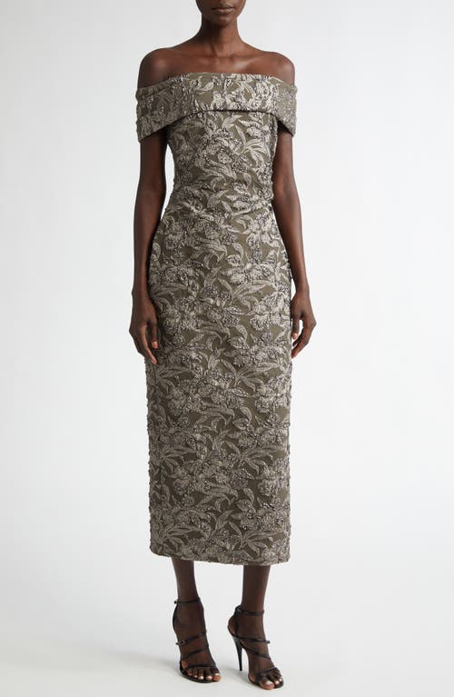 Shop Oscar De La Renta Orchid Metallic Jacquard Off The Shoulder Cocktail Dress In Truffle/brass