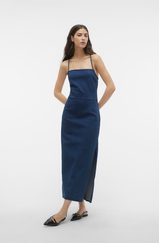 Shop Vero Moda Isla Denim Maxi Dress In Dark Blue Denim Deta