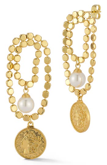 Sphera Milano Freshwater Pearl & Coin Drop Earrings In Gold