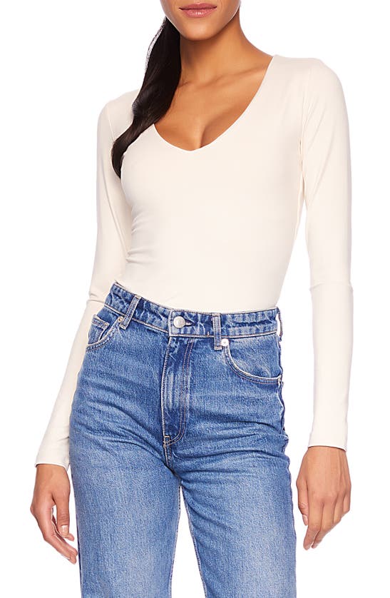 Susana Monaco Long Sleeve V-neck Top In Blanched Almond