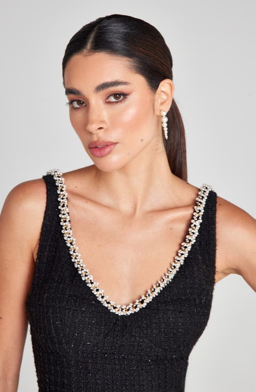 Shop Nadine Merabi Penelope Embellished Trim Tweed Midi Cocktail Dress In Black