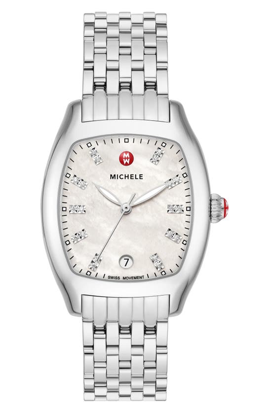Michele Cushion Diamond Bracelet Watch, 40mm In Silver