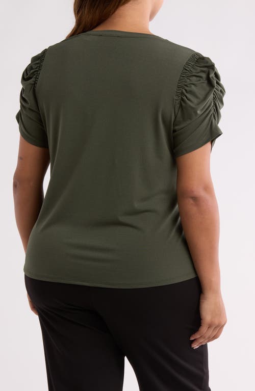 T Tahari Ruched V-neck T-shirt In Cypress Olive