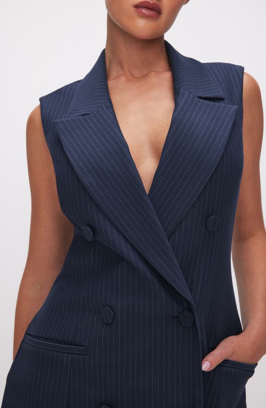 Shop Good American Stripe Sleeveless Double Breasted Ponte Knit Blazer Minidress In Ink Stripe001