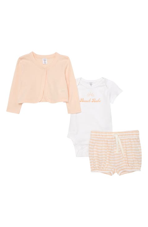 Beach Babe Cotton Graphic Bodysuit, Cardigan & Bloomers Set (Baby)