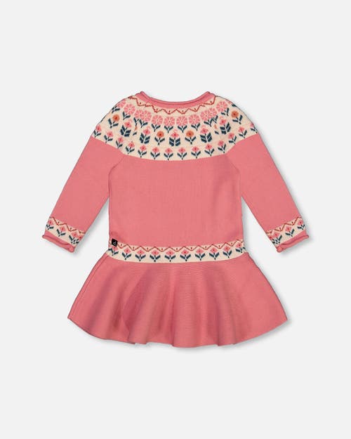 Shop Deux Par Deux Girl's Knit Dress With Round Intarsia Flowers Light Pink In Rosette