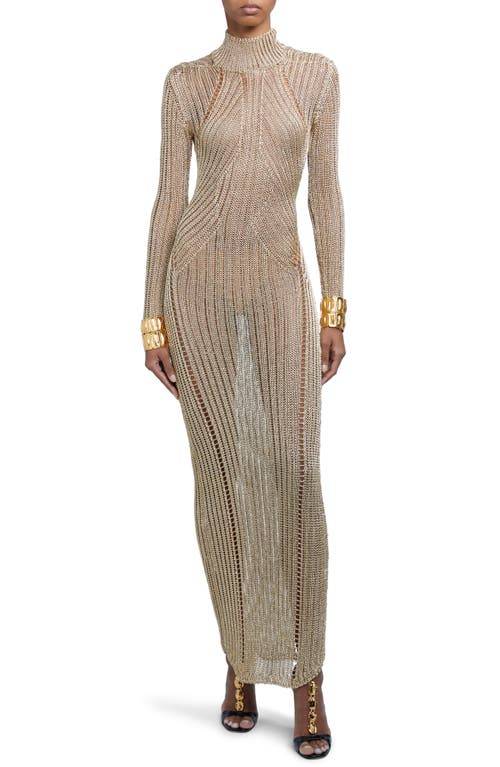 TOM FORD Long Sleeve Metallic Knit Gown Pale Gold at Nordstrom,