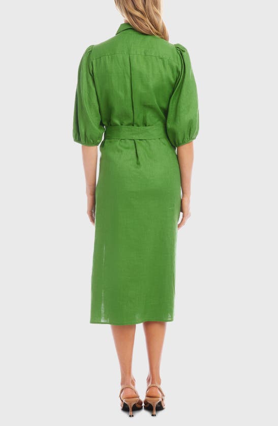 Shop Karen Kane Puff Sleeve Linen Midi Shirtdress In Green