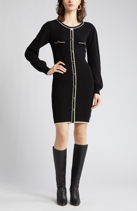 Zoe And Claire Long Sleeve Tweed Minidress In Black