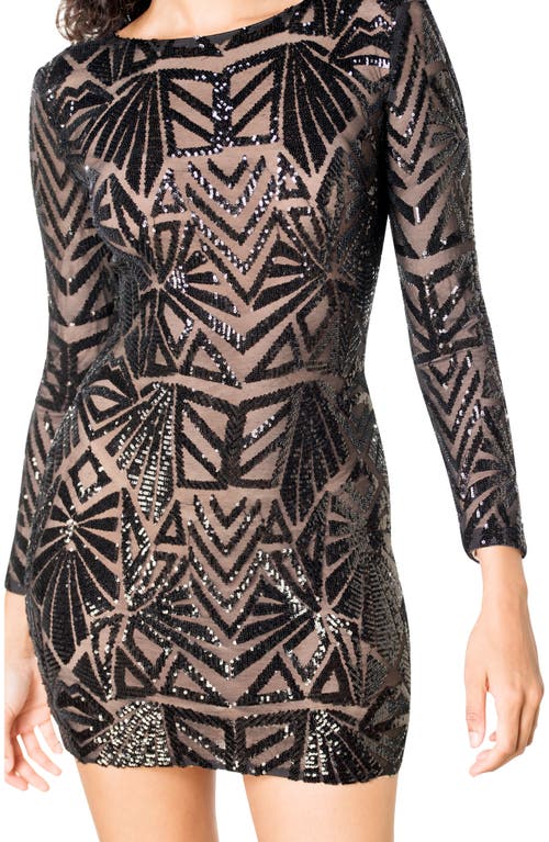 Shop Dress The Population Lola Sequin Long Sleeve Body-con Minidress In Black/nude