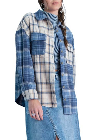 Blu Pepper Plaid Patchwork Button-up Shirt In Denim Multi