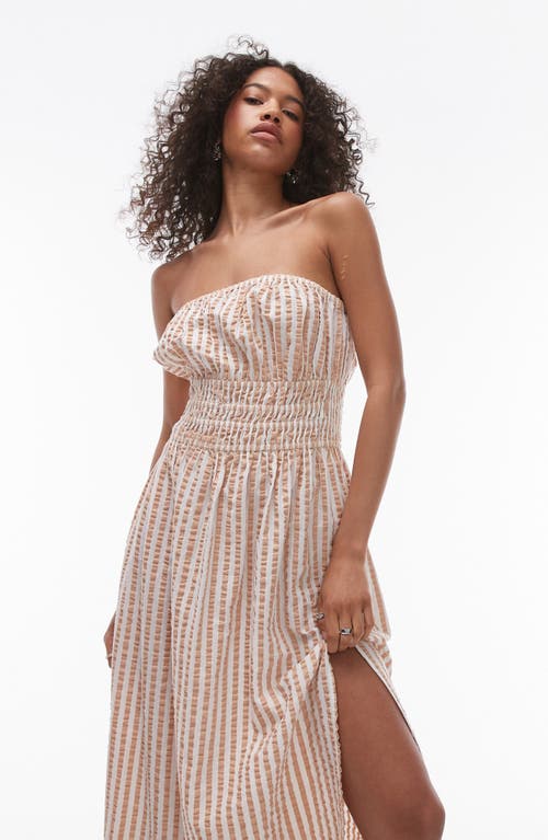 Shop Topshop Stripe Strapless Cotton Seersucker Cover-up Maxi Dress In Brown