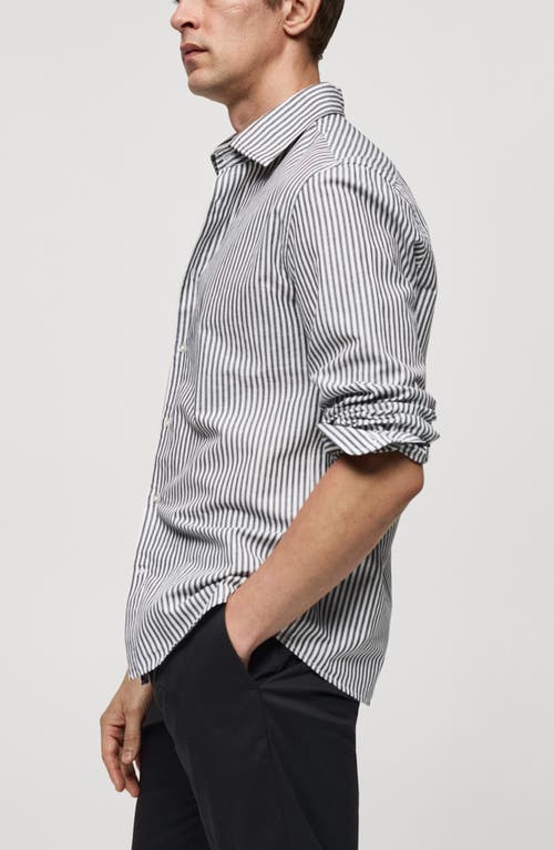 Shop Mango Regular Fit Stripe Cotton & Linen Button-up Shirt In Charcoal