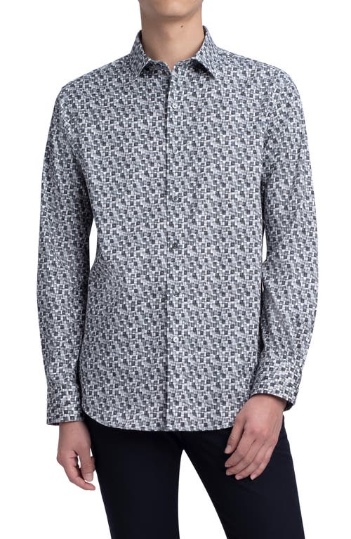 Shaped Fit Geo Print Stretch Cotton Button-Up Shirt in Charcoal