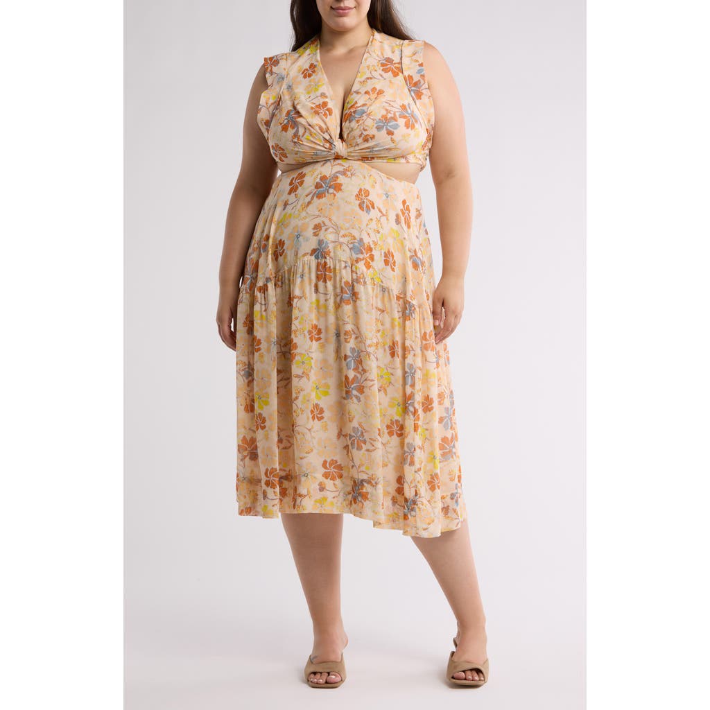 Joie Maeve Floral Back Cutout Silk Midi Dress In Apricot Buff Multi