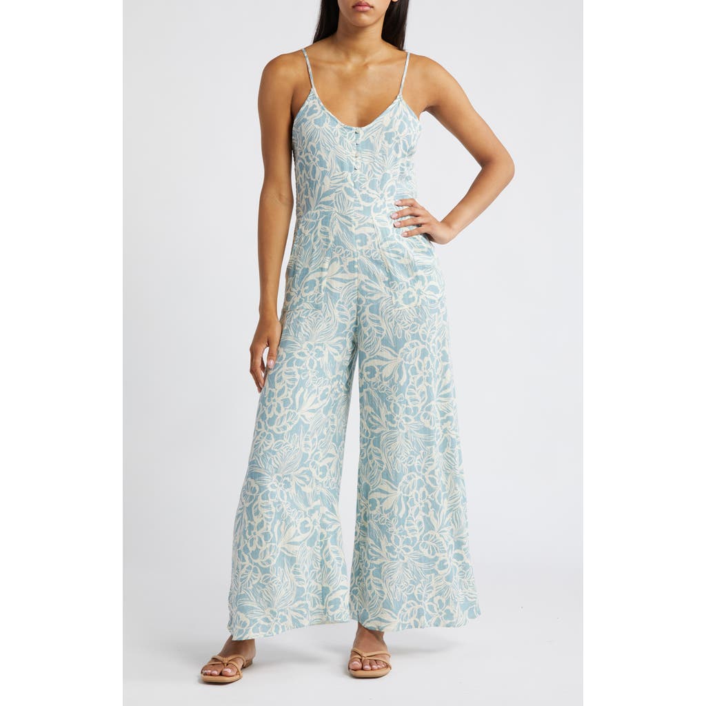 Rip Curl Chambray Floral Print Jumpsuit In Blue/white