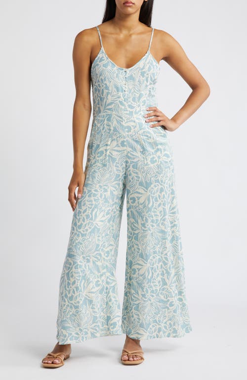 Chambray Floral Print Jumpsuit in Blue/White