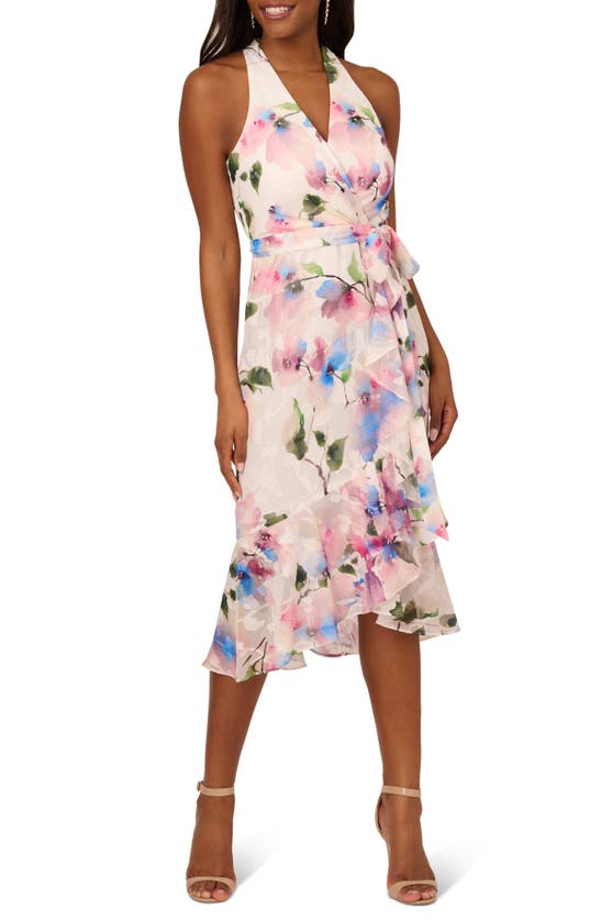 Adrianna Papell Floral Tie Belt High-low Dress In Ivory Pink Multi