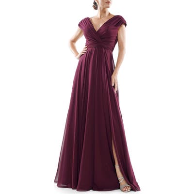 Marsoni Wide V-Neck Chiffon Gown, Burgundy
